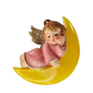 Vintage Macau Angel On Moon Ornament Sleeping Yellow Pink Hong Kong Plastic